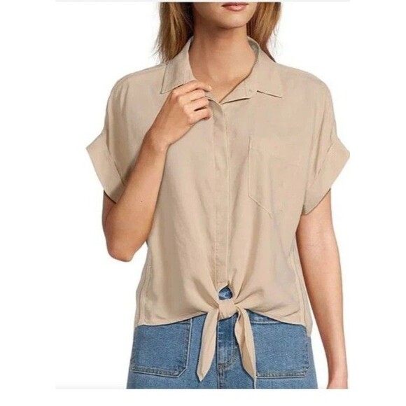 Cloth & Stone Women's Size Medium Gray Tencel Short‎ Sleeve  Tie Front Top Boho - Picture 2 of 9